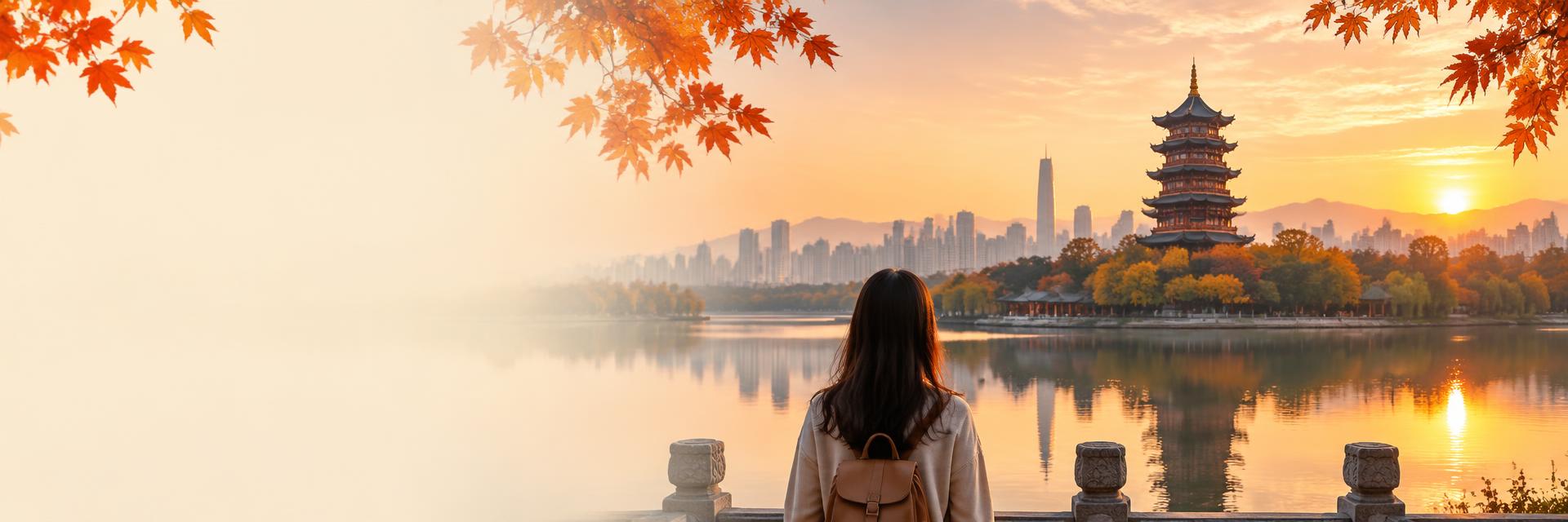 Student looking at a pagoda across a lake